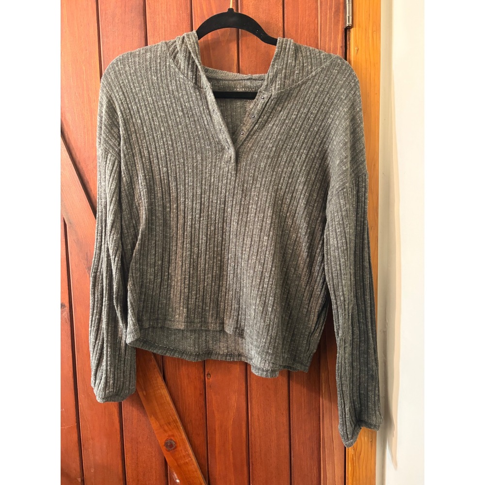 American Eagle Soft & Sexy Plush Ribbed Henley Hoodie Grey Small